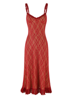 Sheer Lace Floral Overlay Scoop Neck Ruffled Hem Midi Slip Dress