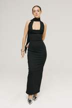 Halter Choker Cowl Neck Rib Knit Backless Bodycon Maxi Dress