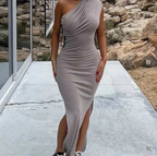 Elvia Effortless Cocktail Dress with Side Slit and One Shoulder Straps Designer Edit