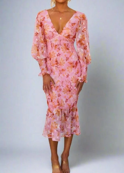 Aria Luxe Floral Print Midi Dress Elevated Occasion Wear