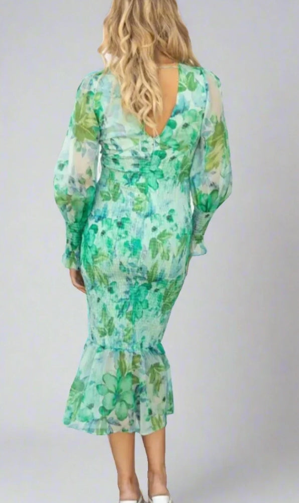 Claudia Minimalist Floral Print Midi Dress Elevated Occasion Wear