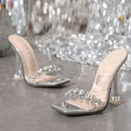 Silver Crystal Clear High Heel Transparent Slippers for Women Fashion