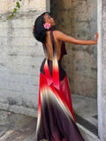 Halter Tie Neck Ombre Gradient Backless Draped Sash Maxi Dress