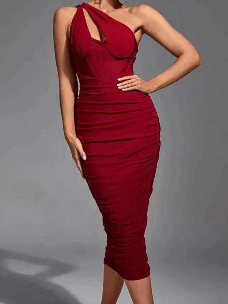 One Shoulder Corset Bodice Ruched Bodycon Midi Dress