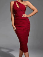 One Shoulder Corset Bodice Ruched Bodycon Midi Dress