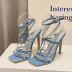 Narrow Band Buckle Strap Sandals with Square Toe and Thin High Heels for Women