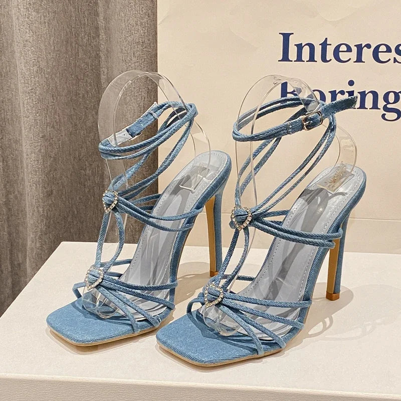 Narrow Band Buckle Strap Sandals with Square Toe and Thin High Heels for Women