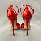 Red Black Women Ankle Buckle Round Toe High Heel Shoes for Summer