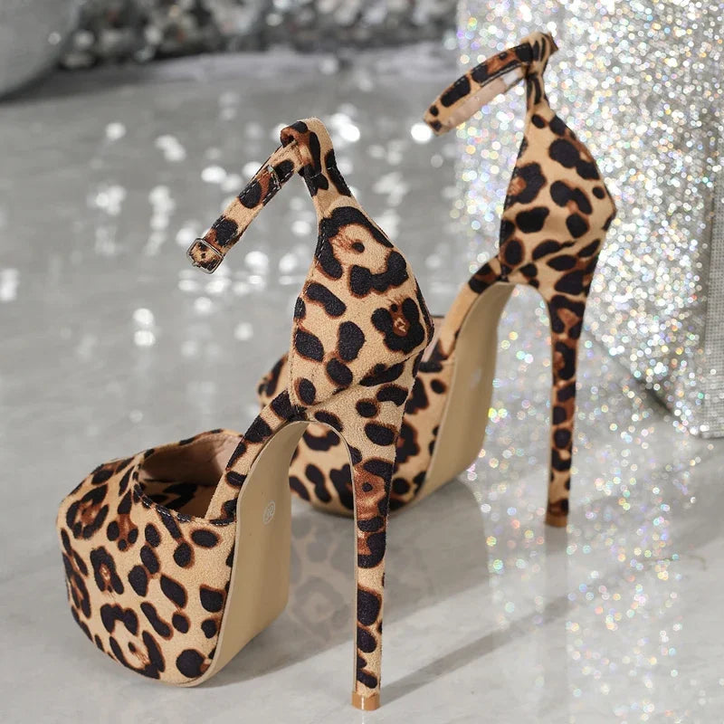 Leopard Print Ankle Buckle Strap Women Sandals with Sexy Peep Toe and Stiletto High Heels