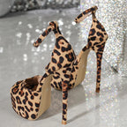 Leopard Print Ankle Buckle Strap Women Sandals with Sexy Peep Toe and Stiletto High Heels