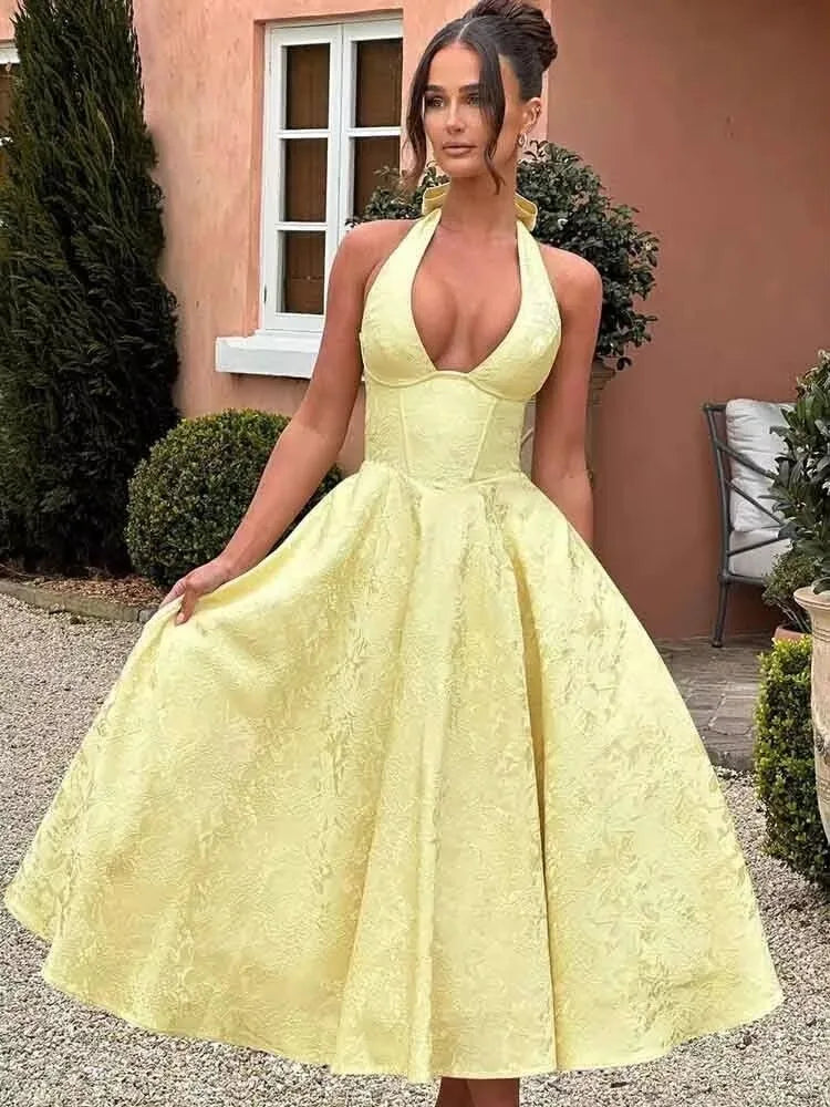 Off Shoulder Oversized Bow Jacquard Fit and Flare Mini Dress