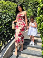 Floral Print Square Neck Spaghetti Strap Bodycon Midi Dress
