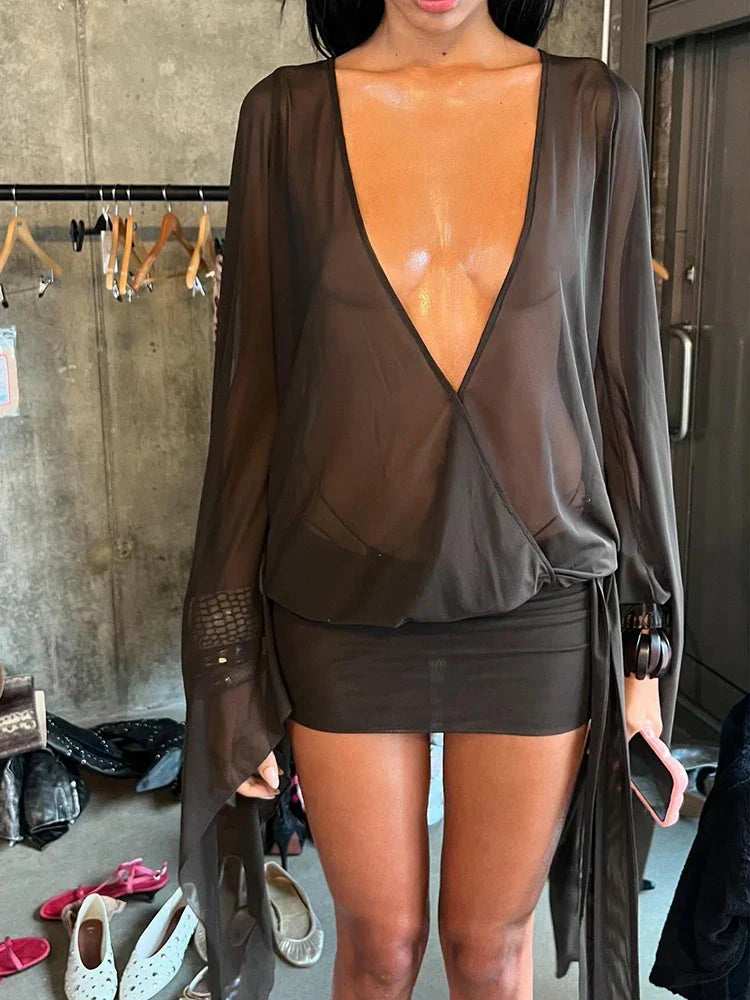 Sheer Mesh Deep V Neck Oversized Bell Sleeve Mini Dress