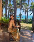 Abstract Marble Print Spaghetti Strap Rhinestone Strap Backless Maxi Gown