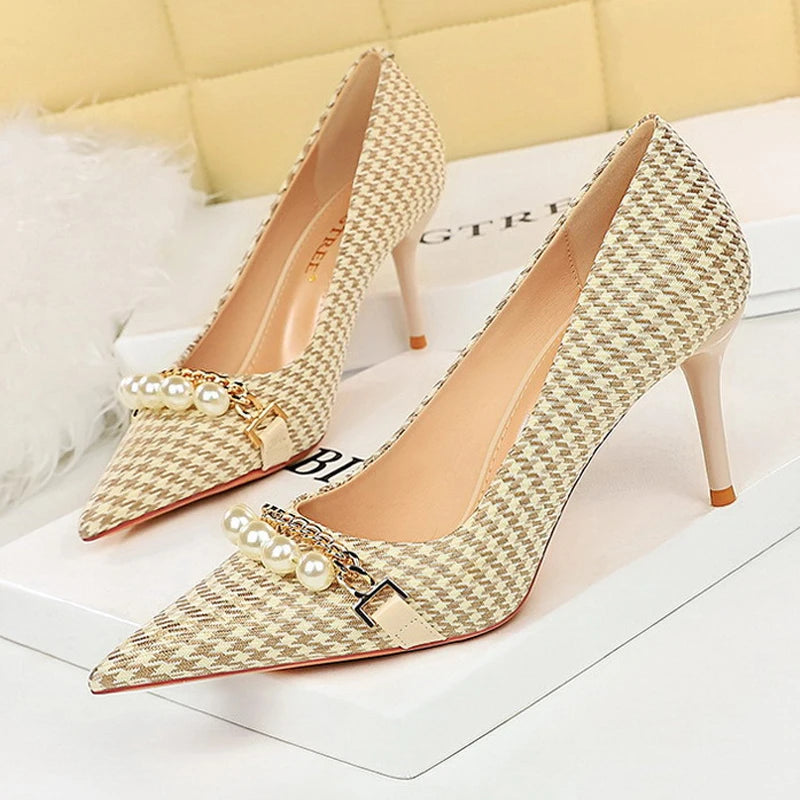 Grain Women Pumps with Pearl Chain Design - High Quality High Heels