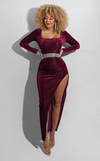 Square Neck Ruched Waist High Slit Long Sleeve Maxi Dress