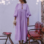 V-Neck Collar Puff Sleeve Tie Front Empire Waist Midi Dress