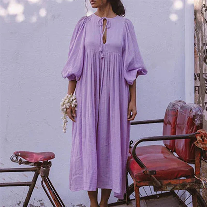 V-Neck Collar Puff Sleeve Tie Front Empire Waist Midi Dress