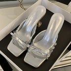 Sequined Square Toe Women Slippers with Butterfly-knot High Heels