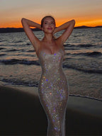 All Over Sequin Spaghetti Strap Scoop Neck Mermaid Maxi Gown