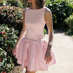 Satin Boat Neck Sleeveless Front Bow Waist Pleated Fit and Flare Mini Dress
