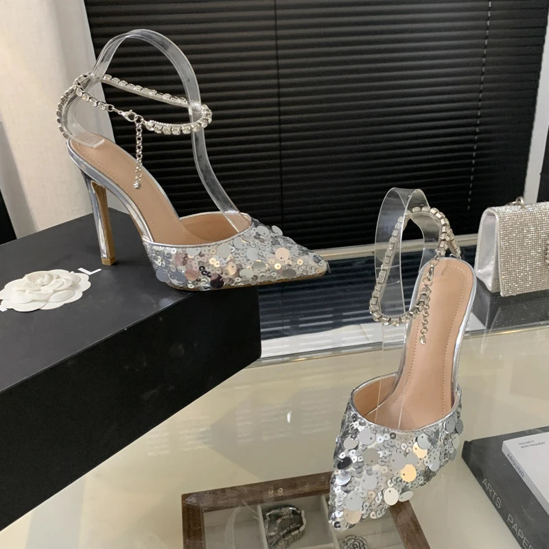 Sequined Women Pumps with Crystal Ankle Buckle Strap and Thin High Heels