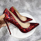 Red Snakeskin Print Women Sexy Pointy Toe High Heel Shoes
