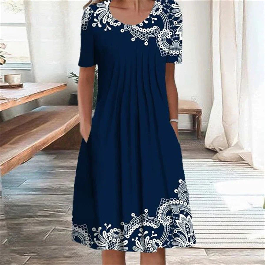 Round Neck Short Sleeve Floral Print Pleated Pocket Midi Dress