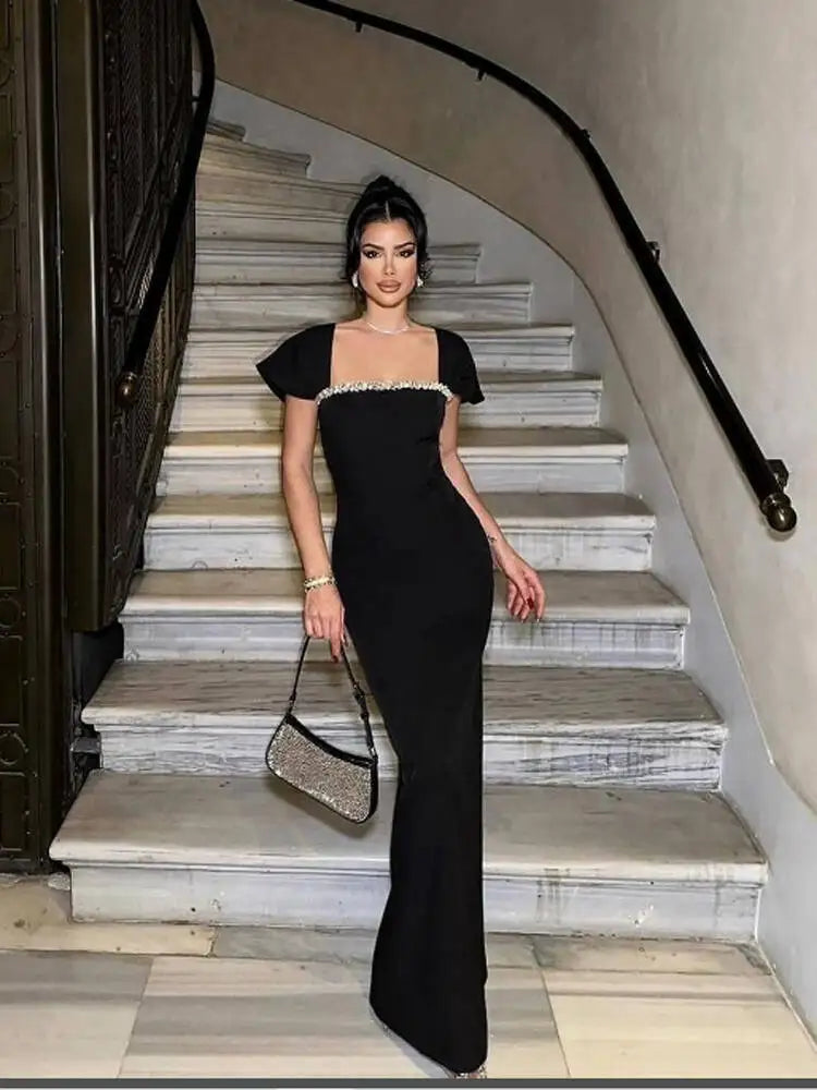 Rhinestone Square Neck Cap Sleeve Bandage Maxi Dress