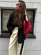 New Women's Black Lace Up Overcoats Autumn Chic Office Jackets Slim Fit Pleated Coat Elegant V-neck Commute For Lady Coats