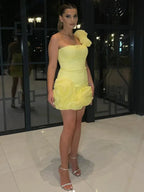 One Shoulder 3D Floral Rosette Organza Ruffle Bubble Hem Mini Dress