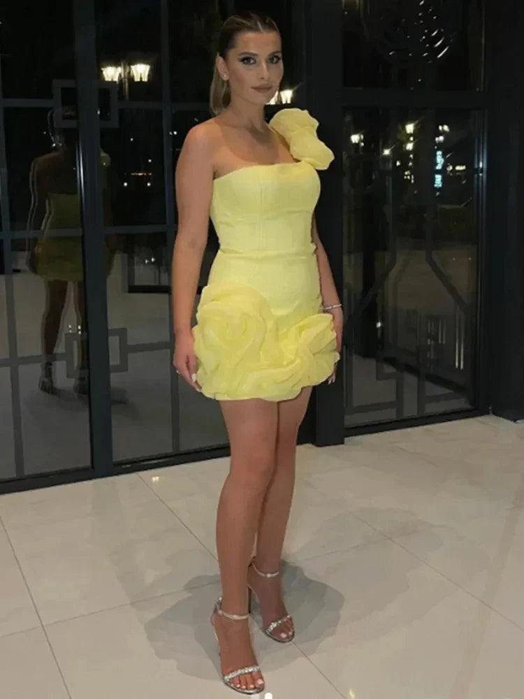 One Shoulder 3D Floral Rosette Organza Ruffle Bubble Hem Mini Dress