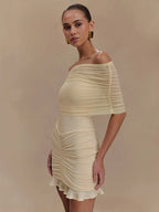 Off Shoulder Mesh Ruched Overlay Ruffle Hem Bodycon Mini Dress