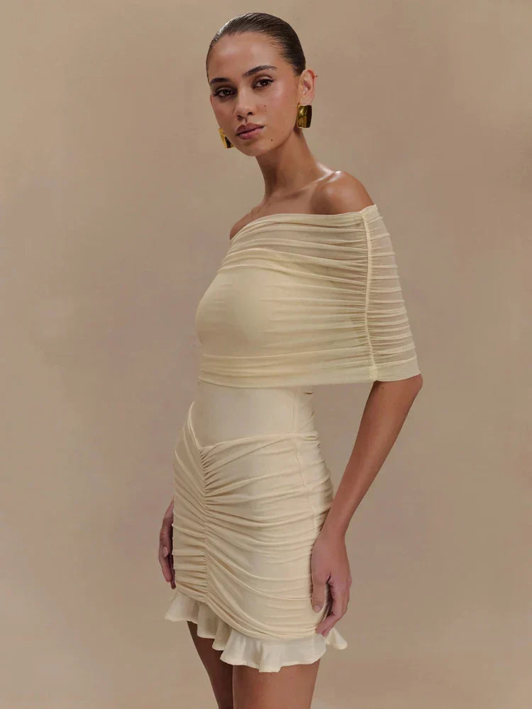 Off Shoulder Mesh Ruched Overlay Ruffle Hem Bodycon Mini Dress