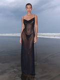 Sheer Dotted Mesh Cowl Neck Spaghetti Strap Tie Back Slip Maxi Dress