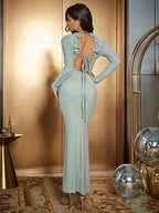 Lace-up Backless Long Sleeve Maxi Dress