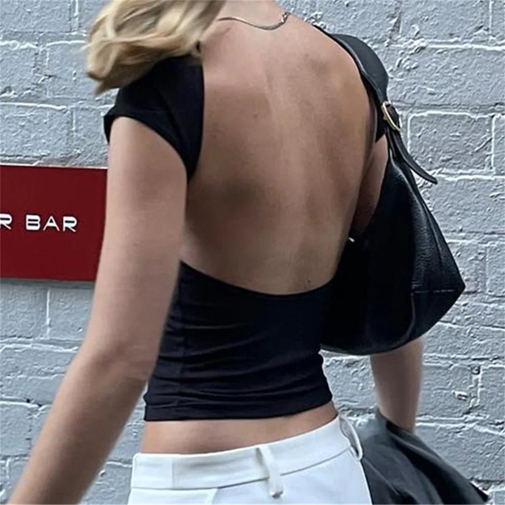 Backless Short Sleeve Crop Top