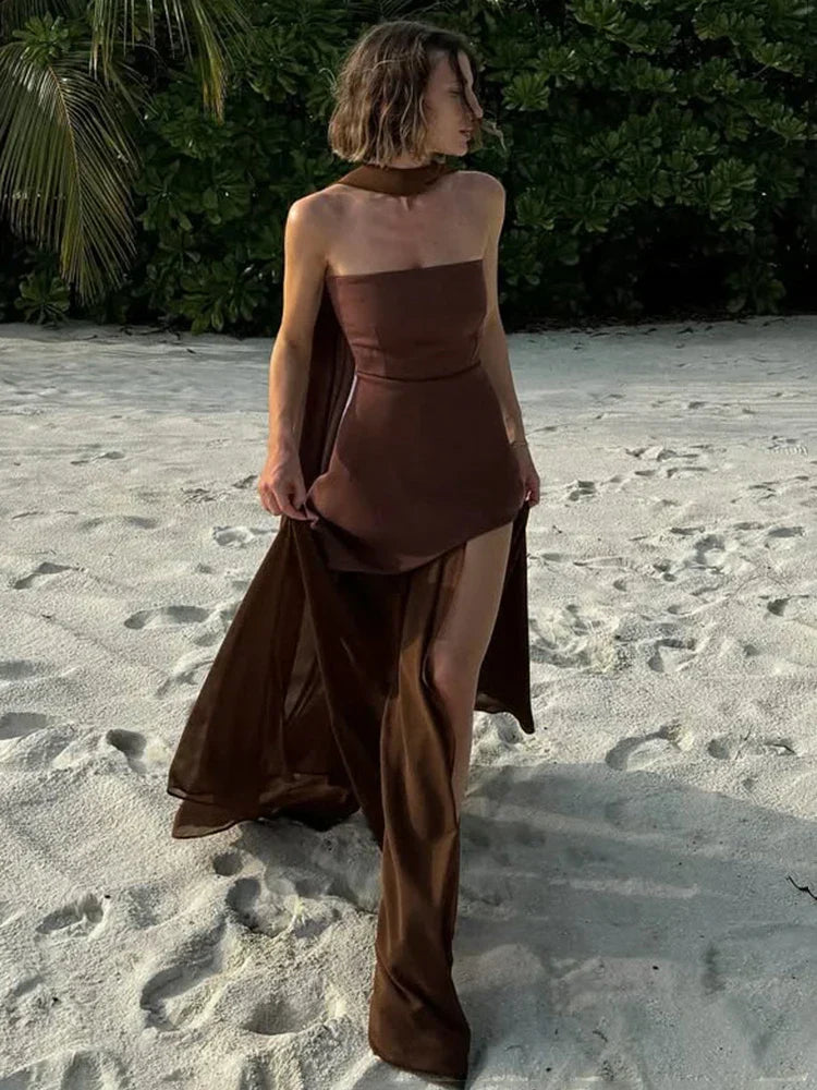Strapless Structured Bodice Asymmetric Overlay Sheer High Slit Maxi Dress