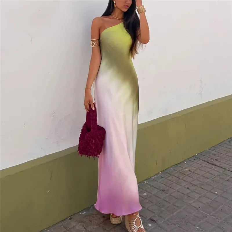Ombre Satin One Shoulder Column Maxi Dress