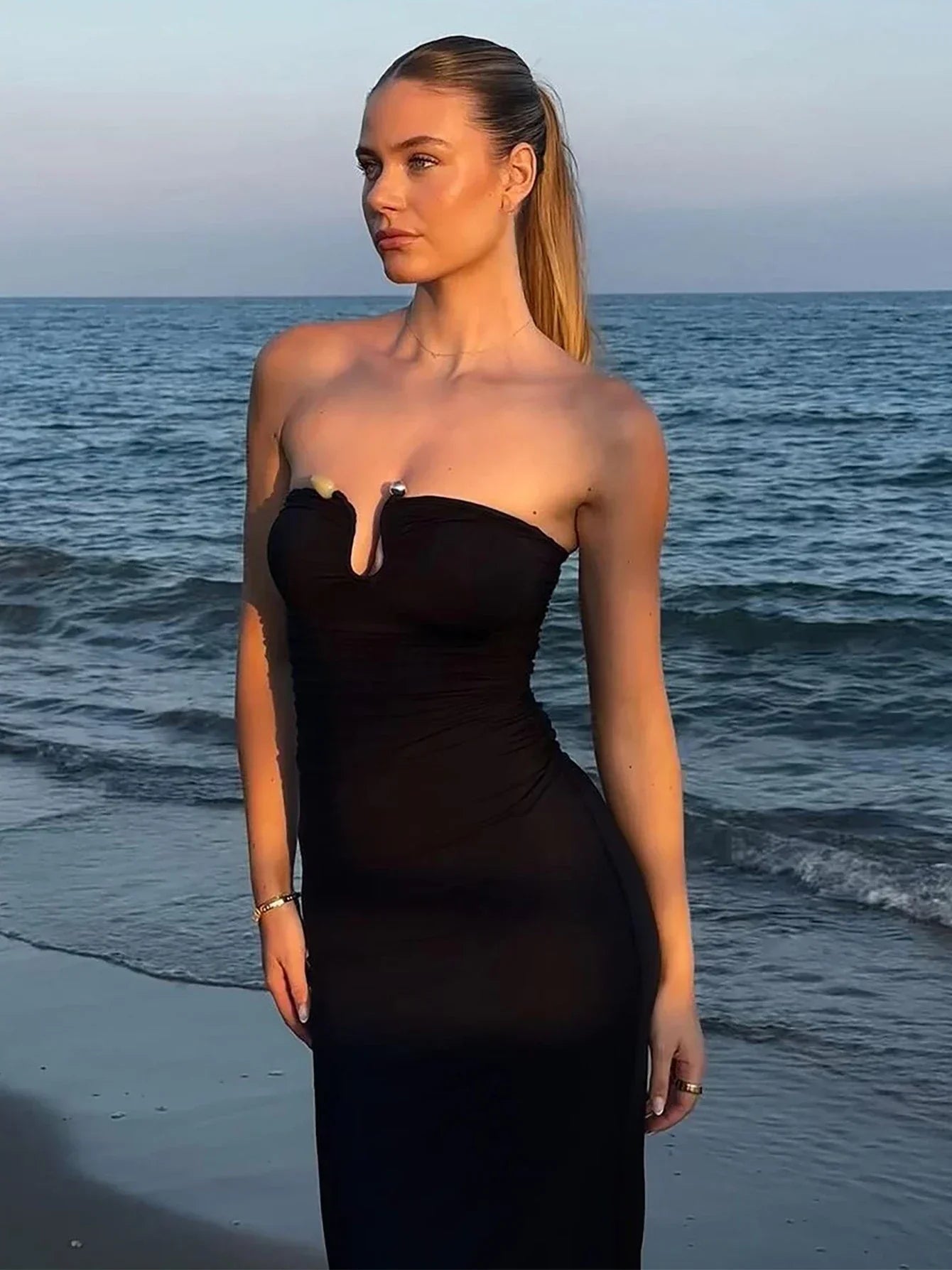Strapless Ruched U Neck Cut Out Beaded Bodycon Maxi Dress