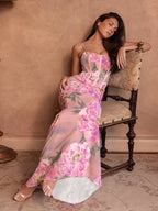 Corset Boning Floral Print Spaghetti Strap Bodycon Maxi Dress