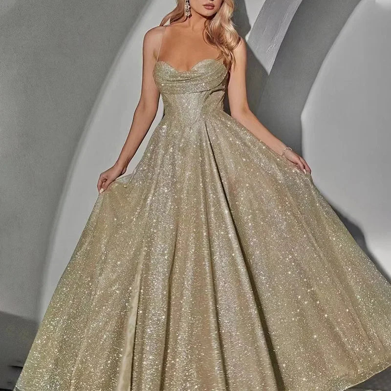 Spaghetti Strap Sweetheart Draped Corset Glitter High Split Maxi Gown