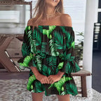 Off Shoulder Floral Print Bell Sleeve Elastic Waist Ruffle Cuff Mini Dress