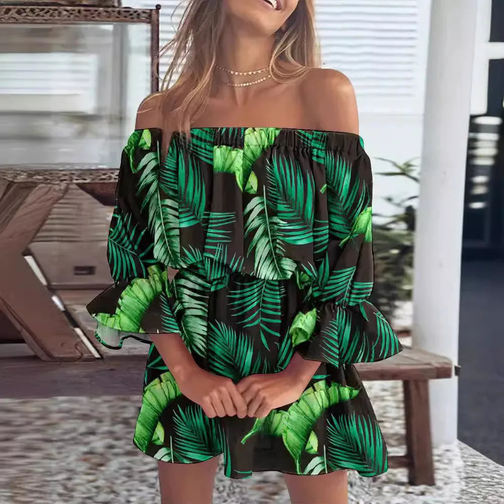 Off Shoulder Floral Print Bell Sleeve Elastic Waist Ruffle Cuff Mini Dress