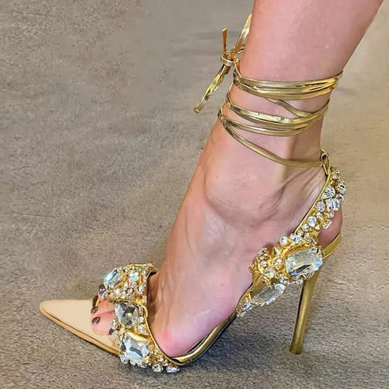 Gold Ankle Strap Sandals for Women Nightclub Party Stripper Heels