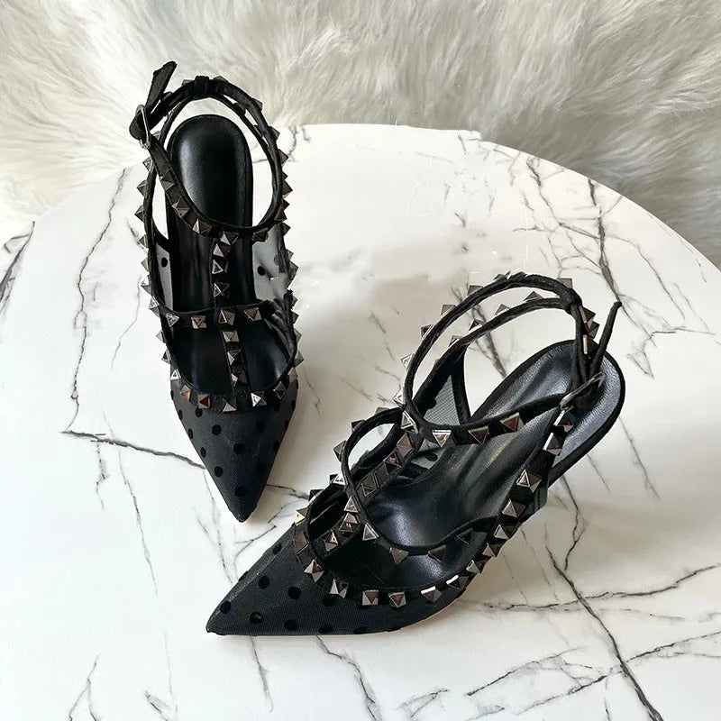 Black Gauze Mesh Gladiator High Heel Shoes with Summer Studs Rivets and Backless Design