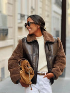 Vintage Zipper Patchwork Lamb Wool Leather Coats For Women Fashion Oversized Lapel Warm Jackets Lady High Street Outerwears