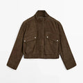 Zipper Suede Cargo Jacket Coat Button Lapel Maillard Slimming Workwear Leather Jackets Casual Short Outwear Commute Overcoat