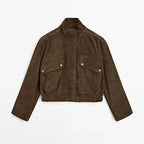 Zipper Suede Cargo Jacket Coat Button Lapel Maillard Slimming Workwear Leather Jackets Casual Short Outwear Commute Overcoat