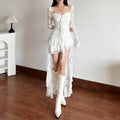 Lace Sweetheart Ruched Bodice Bell Sleeve High Low Asymmetrical Hem Dress